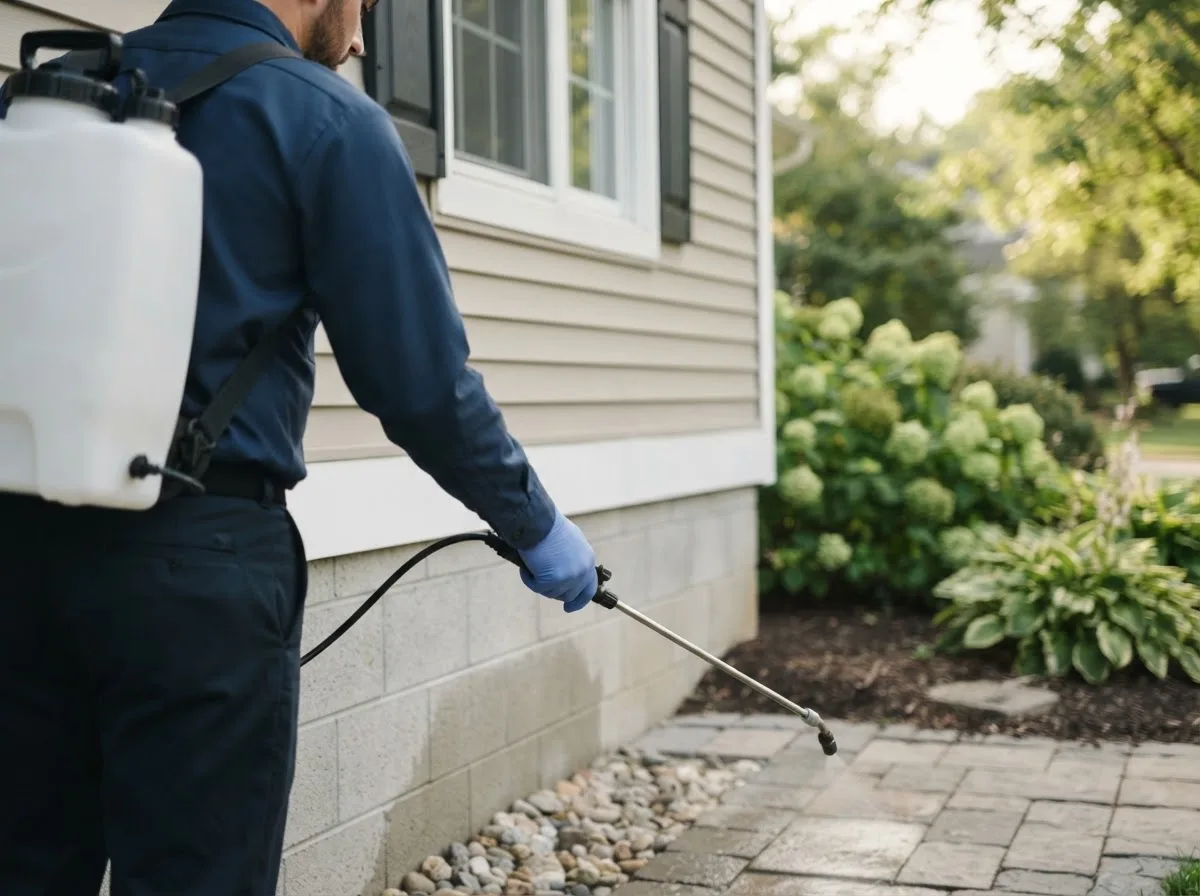 Pest control technician inspecting a home in Dixon, NE